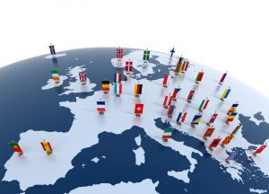 הדמייה של כדור הארץ עם כל הדגלים של מדינות האיחוד האירופי